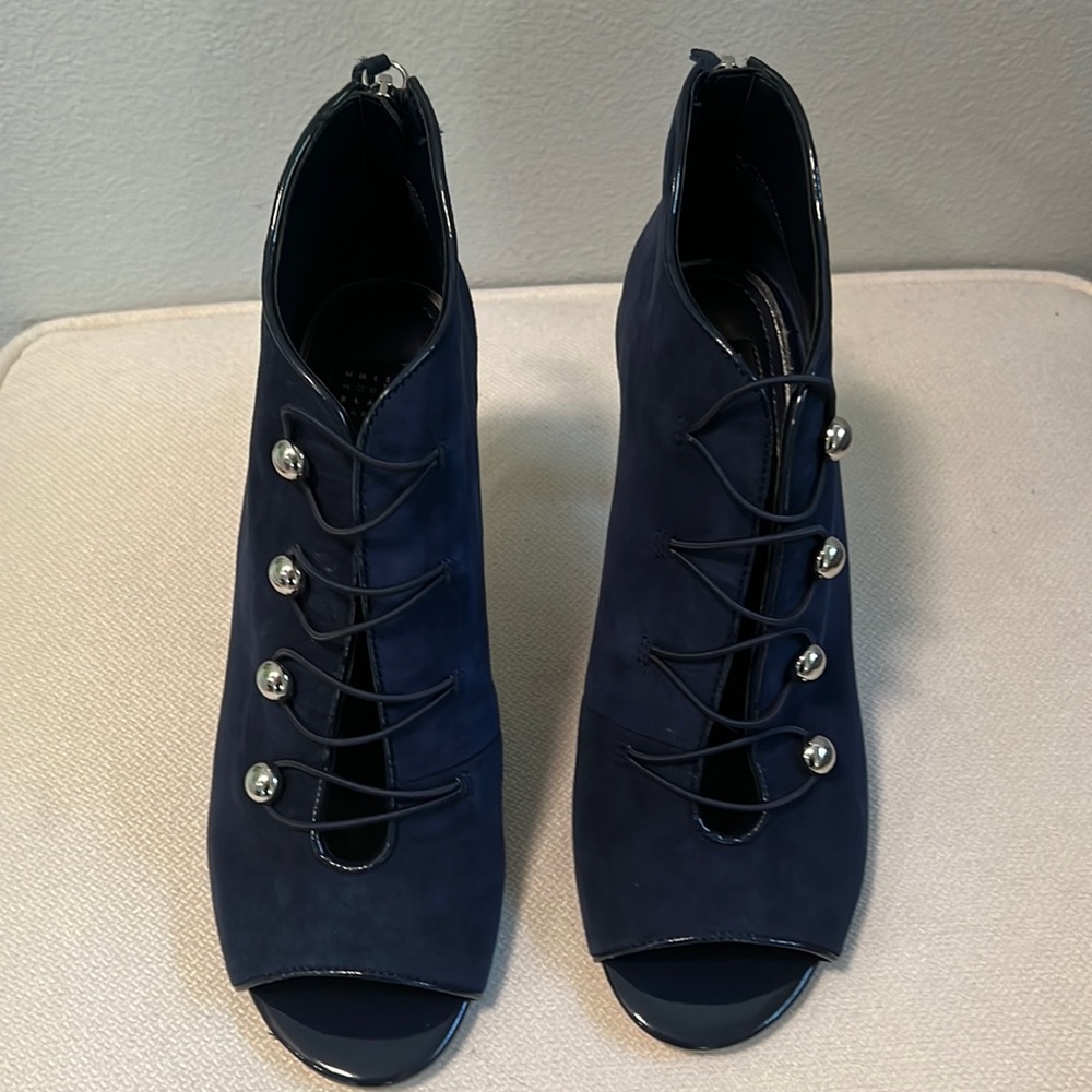 Officer Blue suede open toe booties. 8.5. 4” heel.